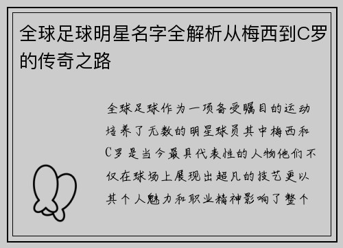 全球足球明星名字全解析从梅西到C罗的传奇之路